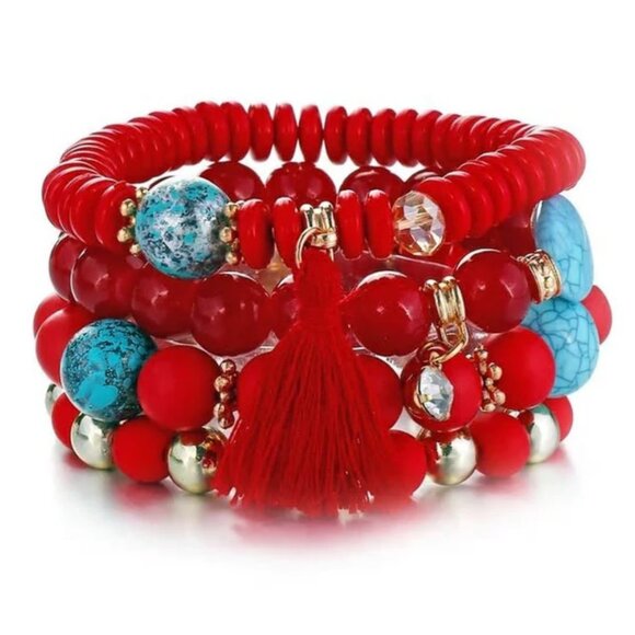 Handmade 4 Piece Red Multicolor Stone Bead Adjustable Bracelet Set Never Worn - Picture 1 of 3